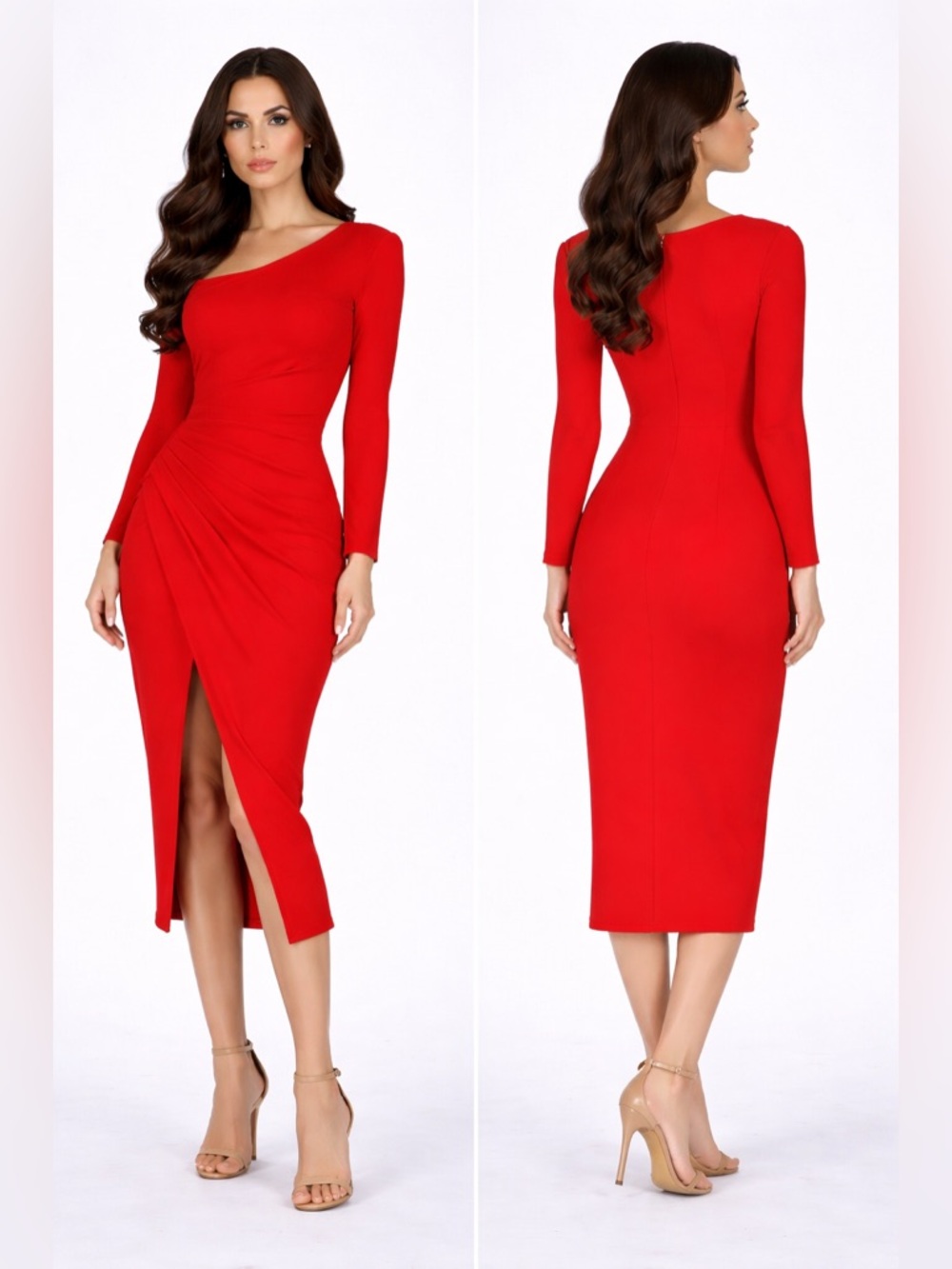 New York & Company Red Asymmetric Ruched Midi Dress